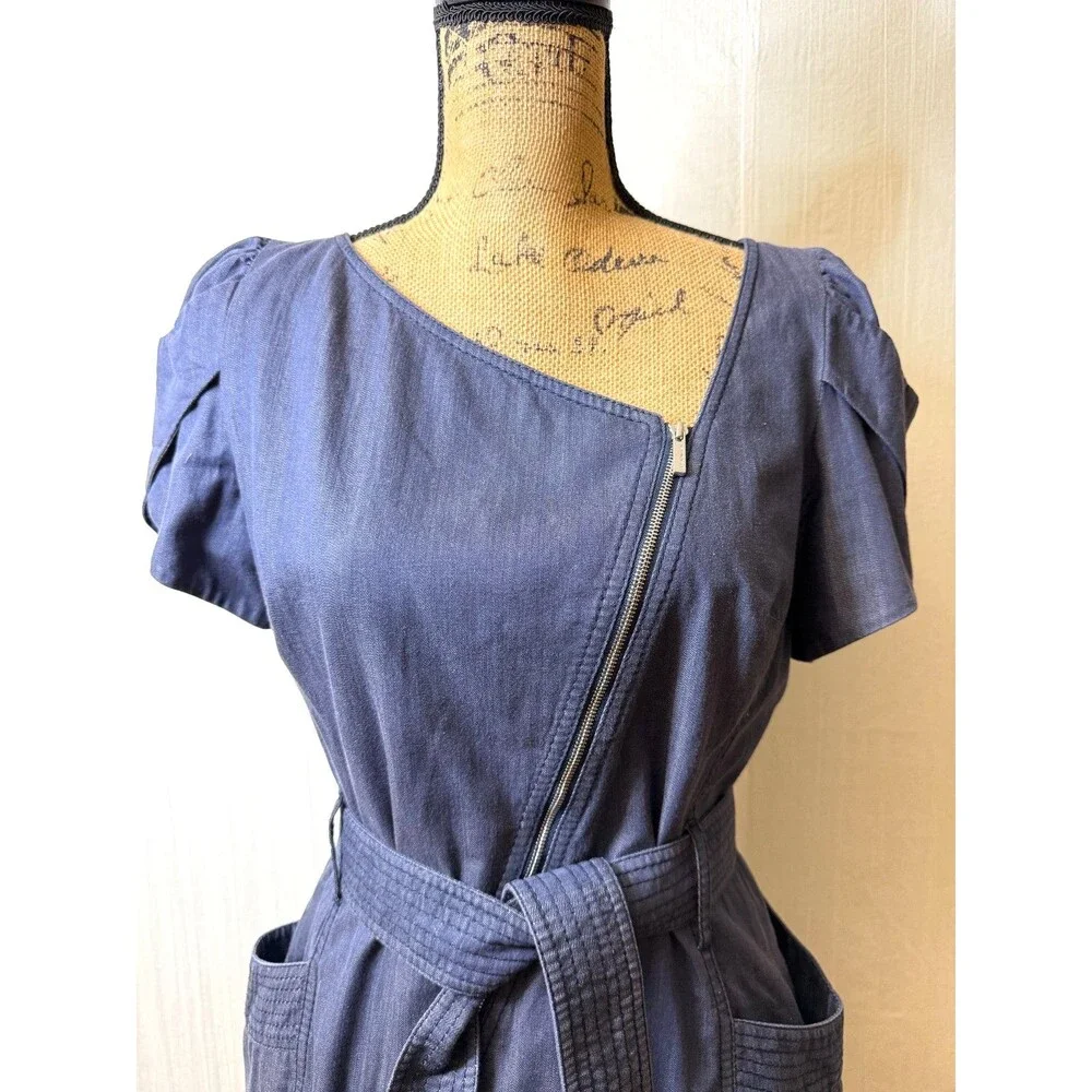 Karen Millen Navy Cotton Belted Asymmetric Zip Pockets Denim Dress Sz 6